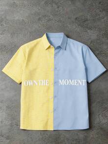Plaid & Solid Color Splice Contrast Color Men's Summer Commute Casual Vacation Style Letter Print Shirt - Multicolor - View 2