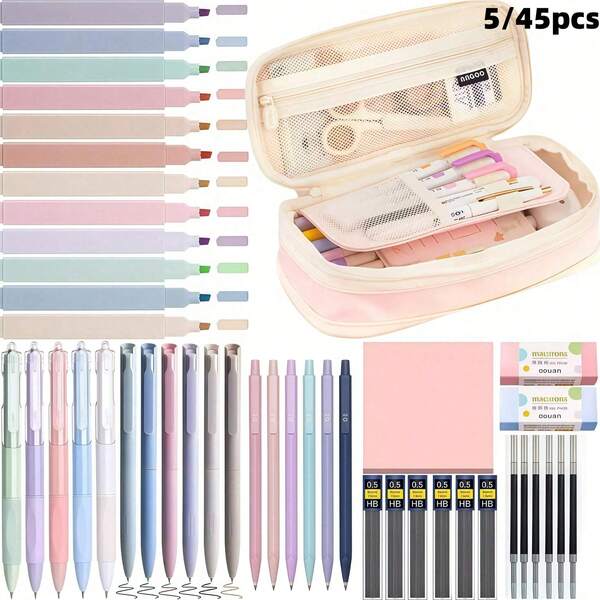 Juego de papelería de 5/45 piezas en color Morandi, incluye 12 bolígrafos fluorescentes pastel, suministros de aprendizaje. Suministros lindos de oficina y escuela, adecuados para hombres y mujeres, regalo de Navidad.
