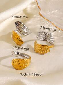 3pcs/Set Stainless Steel 18K Gold Plated Fashion Wing Feather Ring Set Suitable For Women Daily Wear, Party And Gathering - Multicolor - View 8