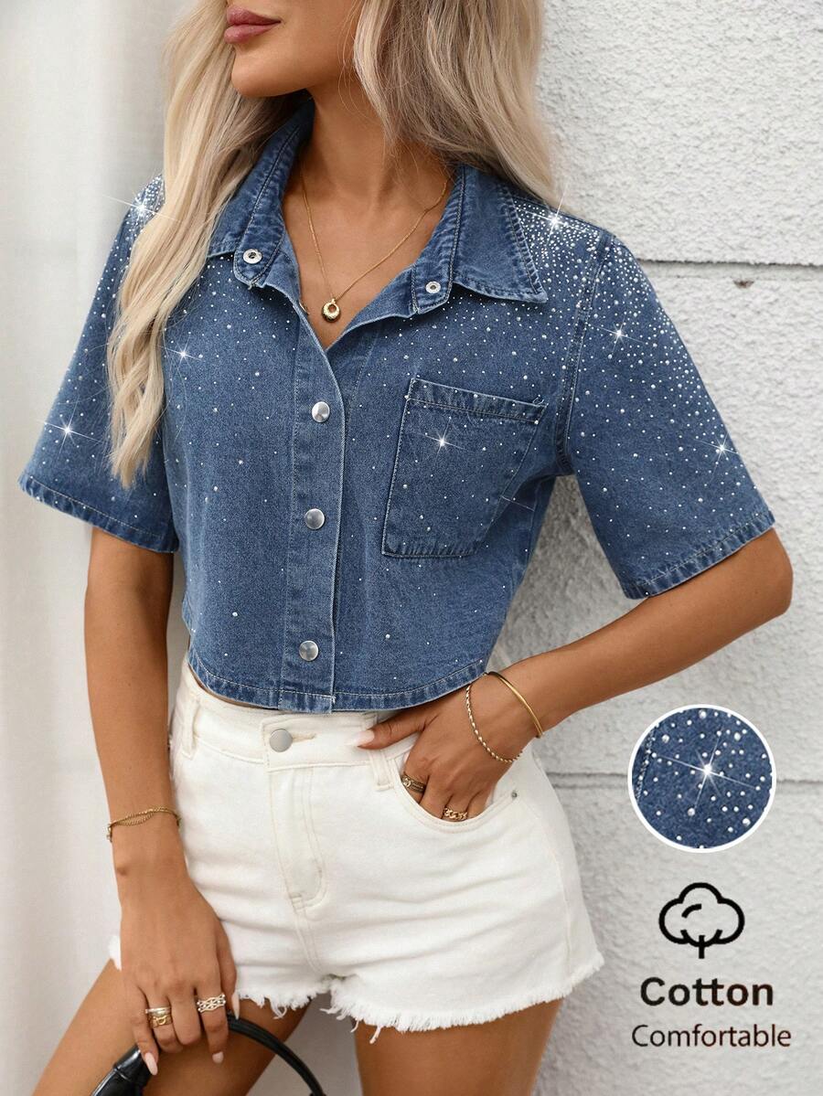 Women's Short Denim Shirt With Rhinestones, Casual Elegant Short Sleeve Top Summer - Blue - View 1