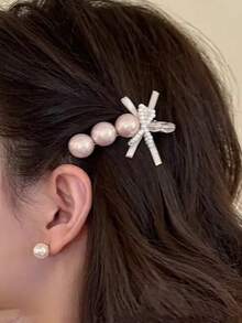 1pc Korean Style Gentle Gradient Draping Pearl Hair Clip, Mini Satin Bow Decor Alligator Hair Clip, Side Hair Clip For Girls Date Atmosphere - Multicolor - View 3