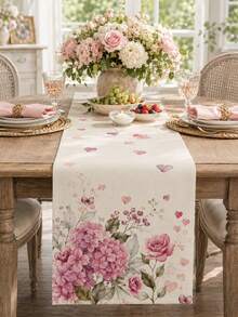 1pc Pink Hydrangea Rose Linen Table Runner, Romantic Floral Heart Print Rectangular Table Runner For Dining Table, Kitchen, Wedding, Bridal Shower, Valentine's Day, Anniversary, Spring Home Decor - Multicolor 4 - View 7