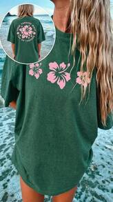 Summer TopsWomen Y2k Oversized Graphic Tees Floral Print Short Sleeve Crewneck T Shirts Loose Fit Summer   Tops For Teen Girls Aesthetic Clothes 2000s - DG100-GN01 - 查看 1