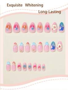 Add A Touch Of Romance 24片短橢圓穿戴式假指甲，夏季3D凝膠水波紋深海藍魚星花貝殼圖案法式全覆蓋美甲貼，適合女性與女孩，夏季辦公日常配戴，附1片果凍膠與1個迷你指甲锉，果凍膠隨機發貨 - 彩色 - 查看 3