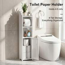 Senmeo 1Pc Slim Modern Freestanding Bathroom Storage Cabinet, Waterproof Narrow Side Organizer With Door, Built-In Toilet Paper Holder & Shelves, For Small Apartment Bathrooms, Father's Day Gift - White - View 4