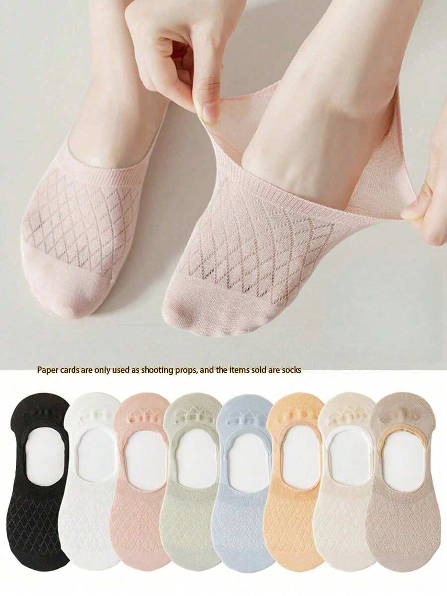 1/5/8/10/12 Pairs Multi-Pack Women's Mesh Summer Thin Solid Color Invisible Socks, Non-Slip Boat Socks, Soft Comfortable Casual Fluffy Socks, Suitable For Daily Outings, Home, Office, Campus, Sports Short Socks - Multicolor - View 1