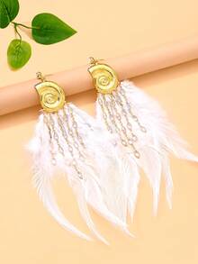 1 Pair Spiral Seashell White Feather Horse Eye Rhinestone Tassel Earrings, Suitable For Women's Bohemian Style Beach Vacation Accessories - Rhinestones - View 5