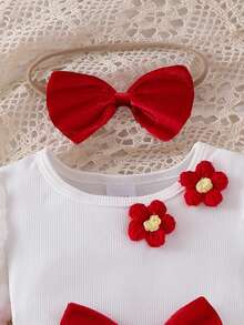 Baby Girl Princess Style 2pcs Set Soft Ribbed 3D Bubble Long Sleeve Patchwork Double Layer Ruffle Cake Dress Tutu Dress With 3D Flower Bodysuit And Matching Bow Headband For Holiday Party Outfit - Red - View 6