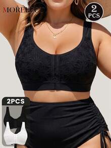 Morelect 2pcs Plus Size Women's Wireless Bra, Lace Front Closure Design, Strong Support, Soft And Breathable - Multicolor - View 2