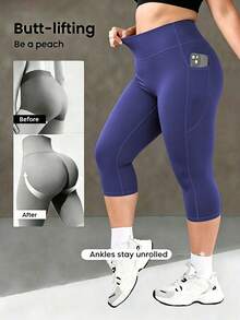 1pc Plus Size Yoga Pants With Pockets, High Waist Slimming Tummy Control Sports Leggings, Capri Length Running Yoga Tights - Royal Blue - View 2