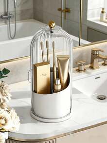 Multifunctional Rotating Storage Box With Sliding Cover Toothbrush Holder, 360° Rotating Storage Organizer, Dust-Proof Bathroom Vanity Storage Box, Multi-Compartment Storage For Toothbrushes, Toothpaste, Makeup Brushes And Other Items, Fashionable Storage Organizer, Fashionable Design With Transparent Door, Efficient Toothbrush Storage Rack, Perfect For Multiple Scenarios, Multi-Purpose Storage - Multicolor - View 2