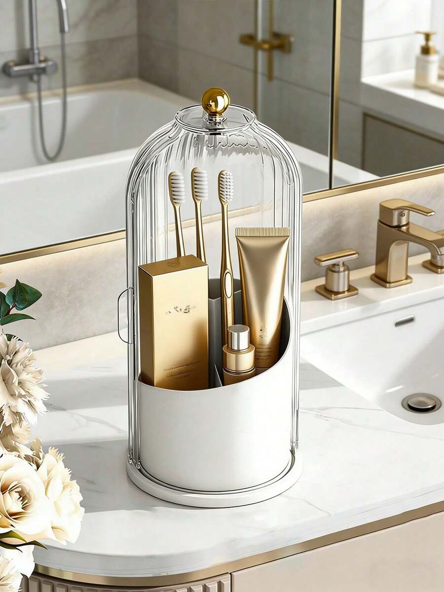 Multifunctional Rotating Storage Box With Sliding Cover Toothbrush Holder, 360° Rotating Storage Organizer, Dust-Proof Bathroom Vanity Storage Box, Multi-Compartment Storage For Toothbrushes, Toothpaste, Makeup Brushes And Other Items, Fashionable Storage Organizer, Fashionable Design With Transparent Door, Efficient Toothbrush Storage Rack, Perfect For Multiple Scenarios, Multi-Purpose Storage