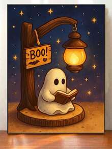 Pintura por Números DIY Fantasma Fofo Lendo Sob Lâmpada, Arte de Parede Feita à Mão para Decoração de Casa Adulta, Presente de Feriado de Halloween - Conjuntos - Visão 4