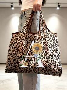 Mala de Senhora com Estampa de Leopardo e Flores Margarida, Personalização de Inicial A-Z, Grande Capacidade | Espaço Amplo para Compras, Design Dobrável, Adequada para Uso Diário, Viagens, Trabalho e Compras de Supermercado - Carteira com Estampa de Leopardo, Mala a Tiracolo Multifuncional, Pega Resistente, Acessório de Moda com Padrão, Presente para o Dia do Professor, Regresso às Aulas, Dia da Independência, Viagens de Férias - Multicolorido - Ver 5