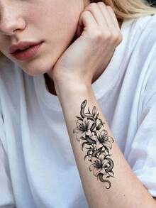 12 Exquisite Snake & Flower Temporary Tattoos, Featuring Various Poses Of Snakes With Elements Like Roses, Skeletons, Lilies, Thorns, And Eyes, Suitable For Men And Women For Full-Body Use, Realistic And Waterproof For Long-Lasting Effects - Black - View 4