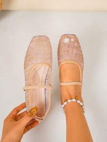 Gentle Elegant Rose Square Toe Lace Mesh Women's Shoes, Outdoor Casual Wedding Party Breathable Hollow Flat Ballet Shoes, Fashion Versatile Shoes - Khaki - View 2