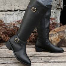 Women's Fashion Casual Comfortable Chunky Heel Inner Side Zipper High Shaft Riding Boots Pointed Toe Long Boots - Black - View 13