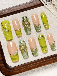 10pcs Handmade Rectangle Press On Nails, Nude Lime Green Color With Marble Wave French Edge, Fresh Two-Tone Gradient, 3D Golden Metal Flower, Wavy Textured Gel-X Nails, And Pearl Gold Bead Pattern Nail Tips. Suitable For Party, Great Gift For Women - Multicolor - View 12