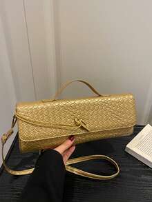 Women's Woven Evening Clutch, Rectangular Handbag With Top Handle And Detachable Crossbody Strap, Vintage Minimalist Shoulder Bag, Suitable For Parties And Daily Commute - Gold - View 7
