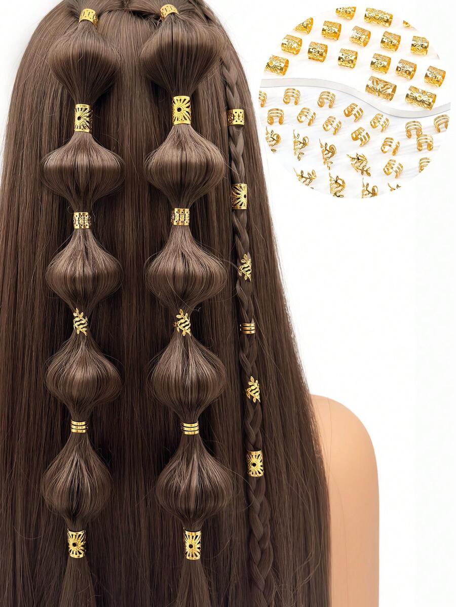 80pcs Golden Hair Ring Dreadlocks1 Set, Party Braided Hair Clips Hair Accessories Loc Hair Jewelry For Braids For Girls Boho - 金色 - 查看 1