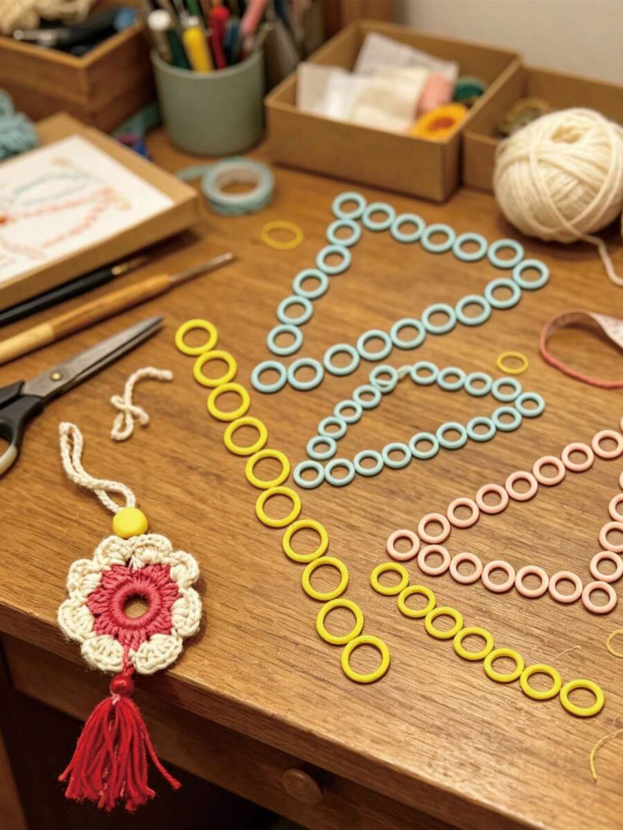 60 Stück Anfänger-freundliche Macaron Kunststoff Häkelringe Set, 3 Größen 1,0/1,2/1,4cm, bunte Strickschleifen, geeignet für Heim-Bastelabende, Haarschmuck-Herstellung und Party-Bastelprojekte - runde Markierungsschnalle - Übersicht 1