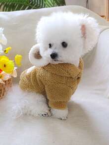 1pc Pet Clothes Dog Cat Apparel Autumn Winter Warm Thermal Lined Thick Lamb Wool Round Bear Hoodie - Coffee Brown - View 3