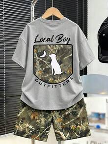 2pcs/Set Teenage Boys' Round Neck Short Sleeve T-Shirt With Minimalist Graphic Design And Matching Shorts, Comfortable Summer New Outfit - Grey - View 1