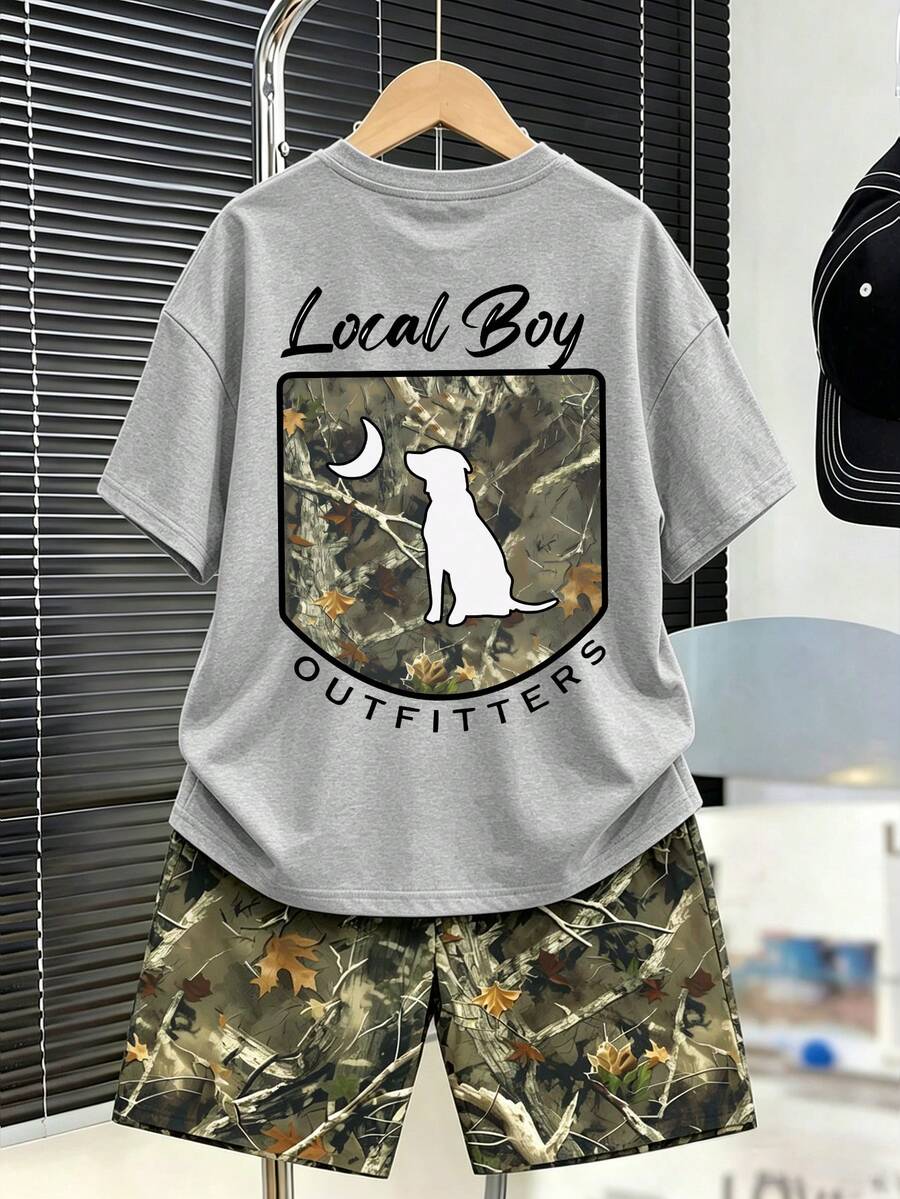 2pcs/Set Teenage Boys' Round Neck Short Sleeve T-Shirt With Minimalist Graphic Design And Matching Shorts, Comfortable Summer New Outfit - Grey - View 1