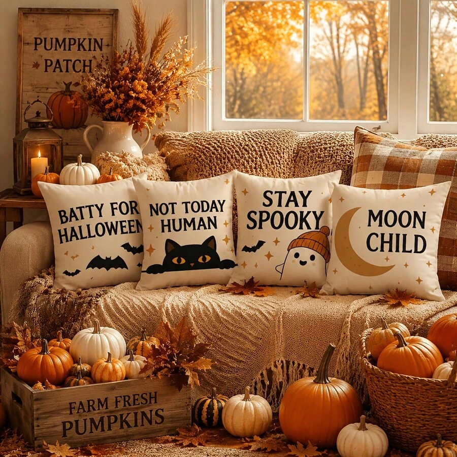 4 Stücke Halloween Kissenbezüge, Cartoon Geister Muster quadratische Kissenbezüge für Sofa, Couch, Schlafzimmer – festliche Herbst Dekoration für Zuhause - Verschiedenfarbig - Übersicht 1
