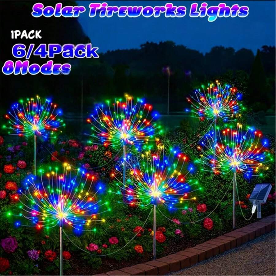 6/4packs 480/320LEDs Solar Powered Firework Lights, IP65 Waterproof, 8 Lighting Modes, Suitable For Garden, Patio, Pathway Decoration, Christmas Decor, Multi-Color