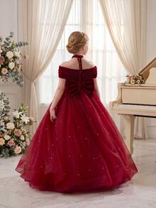 Tween Girl Christmas Dress Spaghetti Strap Bow Tulle Elegant Flower Girl Party Dress Princess Gown, Suitable For Girls Wedding, Party, Birthday, Communion, Special Occasions - 酒紅色 - 查看 1