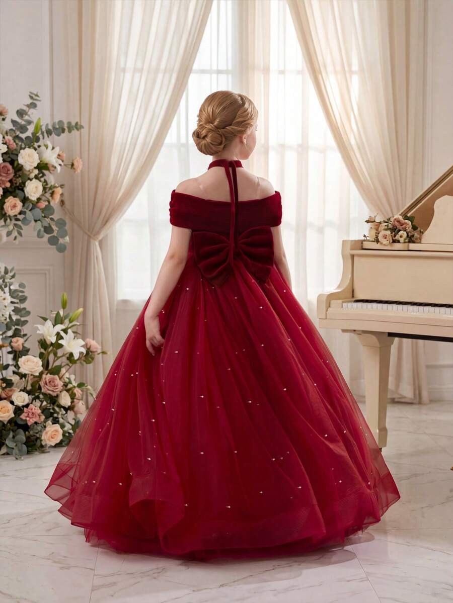 Tween Girl Christmas Dress Spaghetti Strap Bow Tulle Elegant Flower Girl Party Dress Princess Gown, Suitable For Girls Wedding, Party, Birthday, Communion, Special Occasions - 酒紅色 - 查看 1