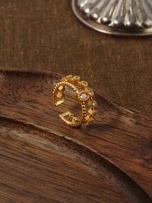 1pc Luxury Vintage Double Row Zirconia Ring, Fashion Gold Ring, Stackable Jewelry, Women's Daily, Party, Date Wear Accessory - Multicolor - View 4