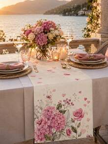 1pc Pink Hydrangea Rose Linen Table Runner, Romantic Floral Heart Print Rectangular Table Runner For Dining Table, Kitchen, Wedding, Bridal Shower, Valentine's Day, Anniversary, Spring Home Decor - Multicolor 4 - View 10