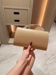 1件歐美時尚金屬裝飾迷你方盒手拿包，高端亮面金屬條紋女款手提包，優雅奢華正式禮服晚宴包，PU皮革派對包/浪漫婚禮手拿包/舞會包/雞尾酒會包，適合學校舞會，附金屬鏈條 - 杏色 - 查看 6
