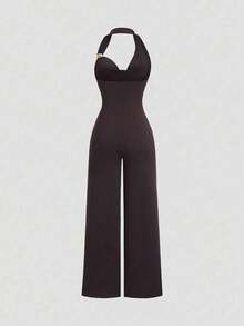 Mono de tirantes finos con decoración metálica, unicolor, sin mangas, ajustado, para uso casual diario en verano - Negro1 - Ver 3