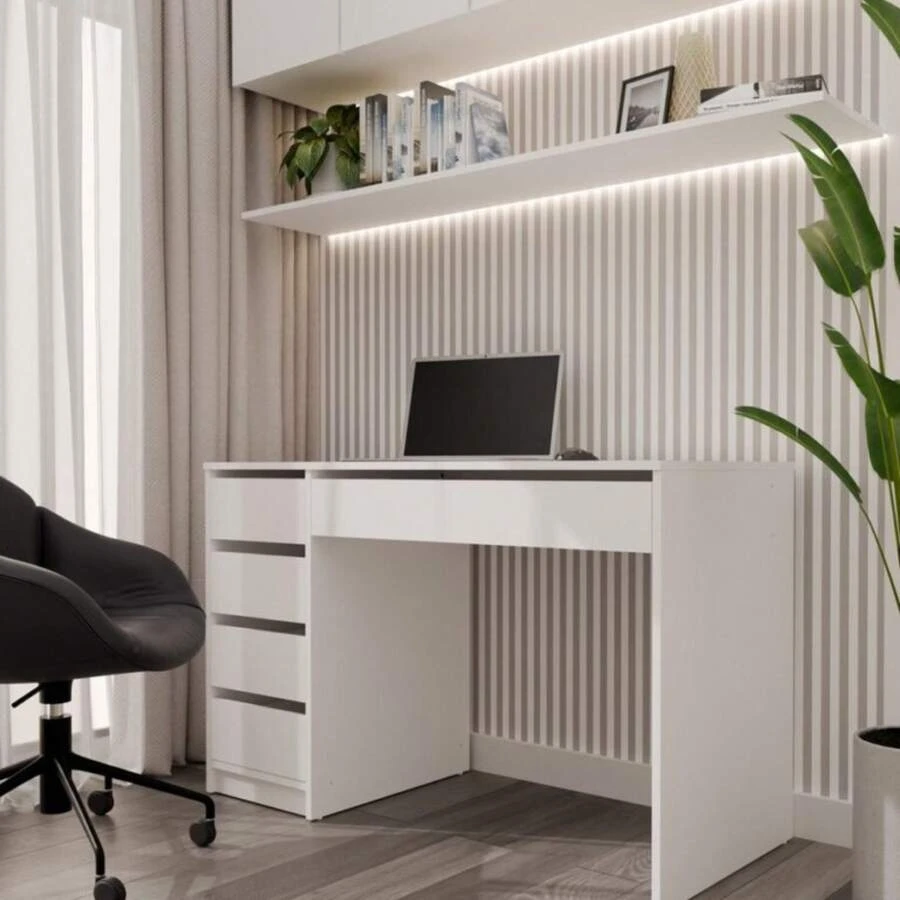 1 Piece Minimalist White Writing Desk With Side 4 Drawers & Wide Keyboard Drawer, Large 120cm Tabletop Space Saving Workstation, For Study Room Bedroom Office, Computer Table, Work Desk, Makeup Vanity, Student Writing Station, Household Workbench - Desk - View 1
