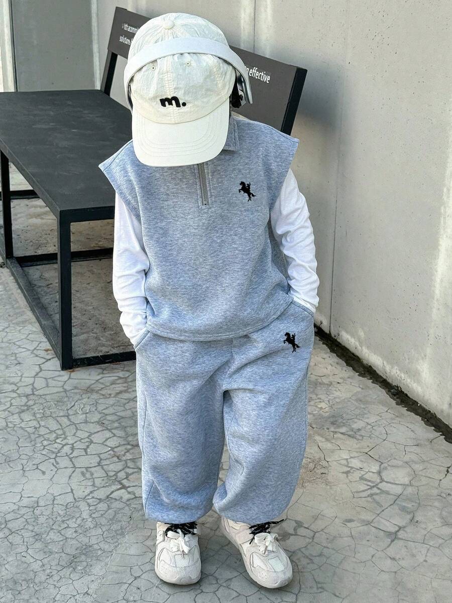 Young Boy Knight Pattern Vest And Long Pants Casual Daily Outfit - Grey - View 1