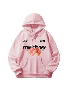 1 buah Sweatshirt Wanita Motif Bunga Tropis & Huruf dengan Tali Serut, Sweatshirt Pullover Hangat Gaya Kasual Y2K untuk Musim Gugur - Baby Pink - View 2