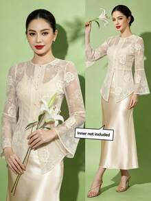 1pc Women Long Sleeve Buttoned Blouse, Summer - Champagne - View 1