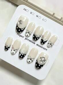 10pcs Pure Handmade Oval Press On Nails, Y2k Vintage Sweet Cool Style, Black Polka Dot French Tip, Bow Rhinestone & Musical Note Four-Leaf Clover Decorative Design For Women And Girls, Spring Summer Fall Winter Festivals Party And Daily Life Use - Black and White - View 2