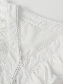 Women's Casual V-Neck Long Sleeve Blouse With Ruffle Trim, Cinched Waist And Asymmetrical Lace Hem - White - View 5
