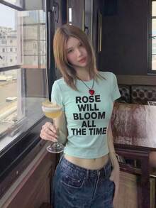 American Retro Letter Print Short Sleeve T-Shirt Women's Design Niche Slim Fit Top Casual Summer - Mint Green - View 2