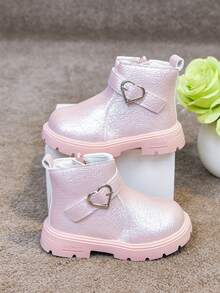 1 Pair Girls' Heart Buckle Boots, New Spring/Autumn Fashion Buckle Princess Boots, Korean Style Versatile Fashion Ankle Boots - Pink - View 10