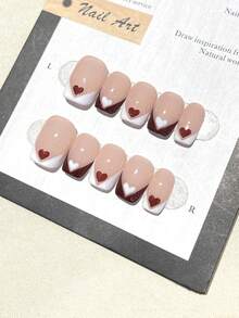 10PCS Handmade Pressing Nail Set Short Nail Square French Love Simple Jelly Powder Nail Set Long Pressing Nail Suitable For Party Or Daily Wear, Enhance Your Style, Comes With Two Jelly Glues And One Rubbing Strip Nails - Red and White - View 4