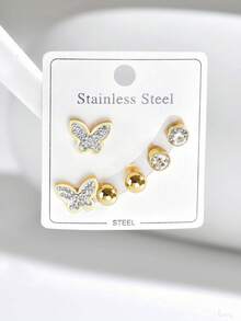 1 Set European And American Fashion Stainless Steel Micro-Inlaid Rhinestone Stud Earrings Set For Women, Versatile For Daily Wear - Multicolor - View 5