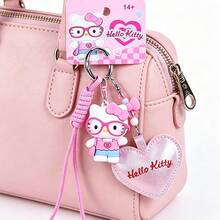 Miniso Hebilla de cuerda de mano Hello Kitty Fashion Sweetheart, colgante de llave con corazón 3D KT, accesorio para mochila para niñas (1 pieza) - Rosa - Ver 6