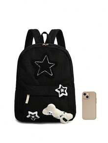1 pieza Mochila casual con decoración de estrella & hueso Y2K, mochila escolar ligera de pana con cremallera, mochila casual de gran capacidad con múltiples bolsillos, adecuada para estudiantes/graduados/jóvenes, adecuada para regreso a la escuela/uso diario/compras/viajes cortos y actividades de ocio al aire libre - Multicolor - Ver 5