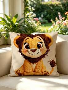 shangxia 1PC--Cute Little Lion Print Pillow Case - Soft Plush Fabric Decorative Cushion, Suitable For Home, Office, Bedroom, Living Room, Farmhouse And Other Places - Multicolor - View 4