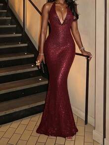 Elegant Women's Sleeveless Halter Neck Sequin Cocktail Dress With Backless Knot Detail, Long Mermaid Prom Or Formal Party Gown,Wedding Guest Dress - Red Violet - View 1